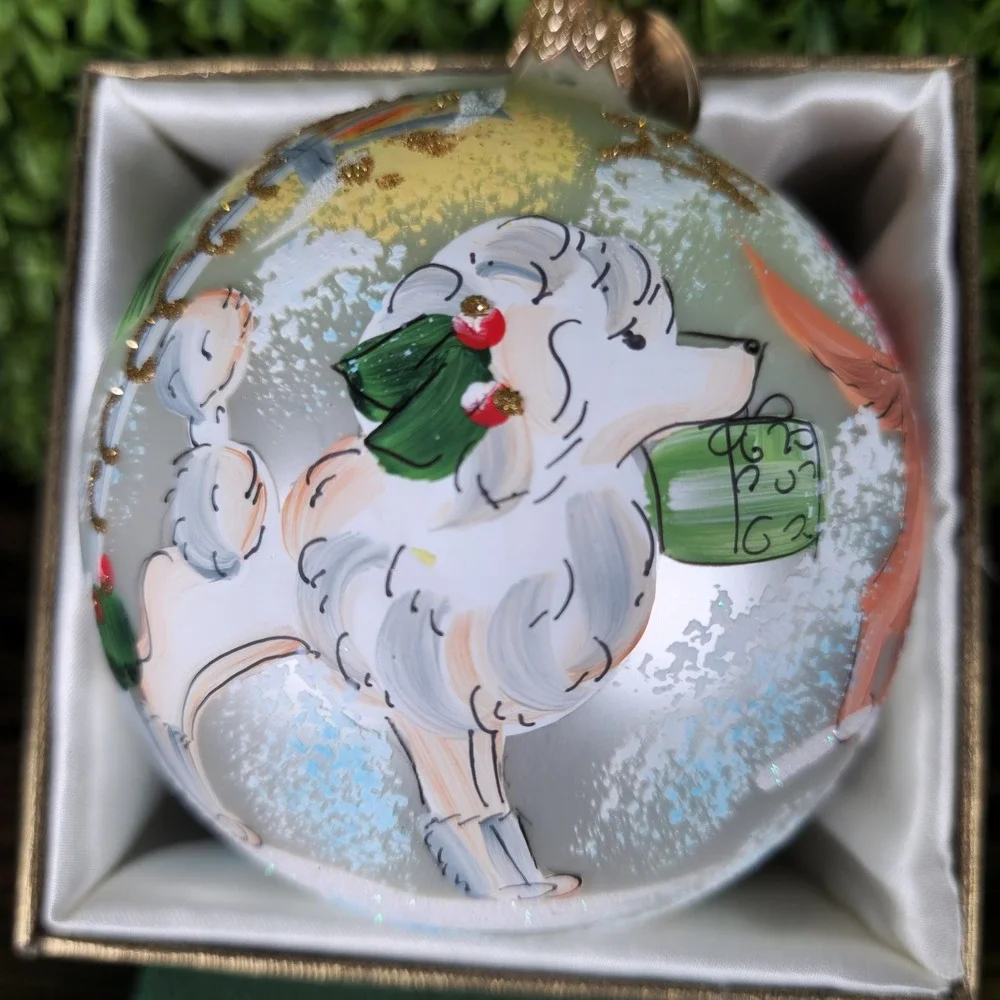 VTG Pier 1 Imports Hand Painted European Glass Dog Christmas Ornament Romania